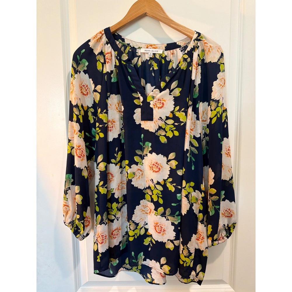 Rose + Olive Navy Floral Split Neck Blouse XL Long Sleeve Pleated Top
